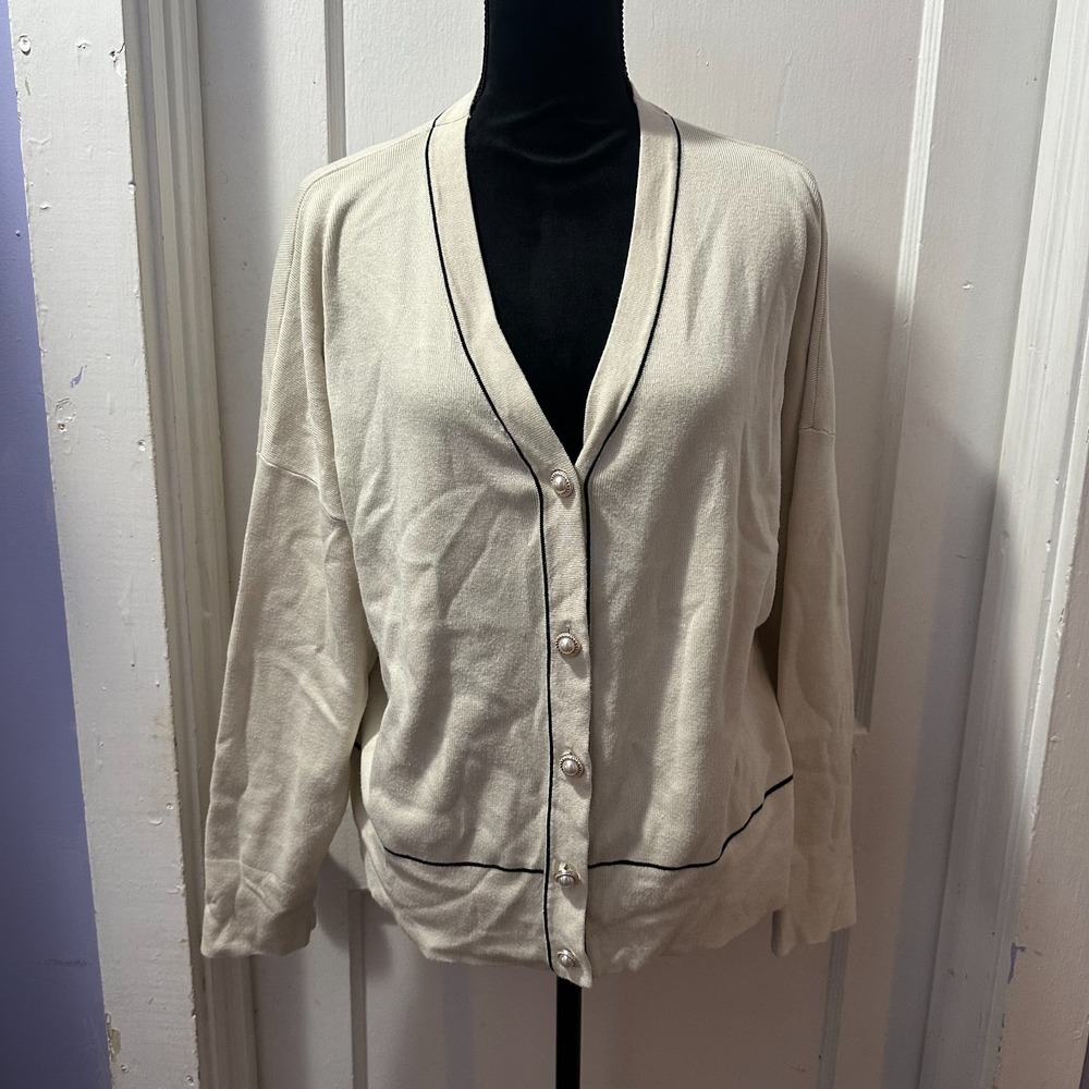 Adrianna Papell Cream Cardigan with Black Accents in XL